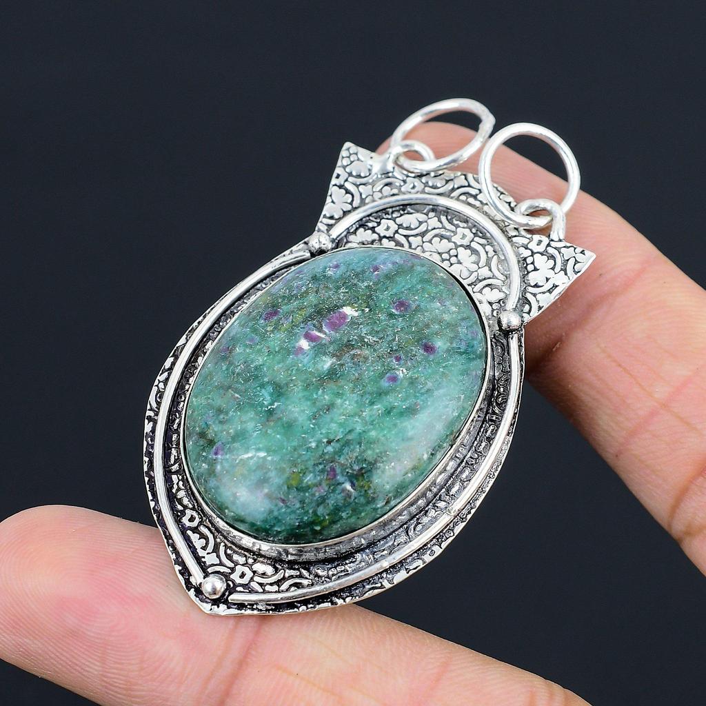 Daughters Day Deal 925 Silver Oval Natural Ruby Fuchsite Birthday Unique Pendant