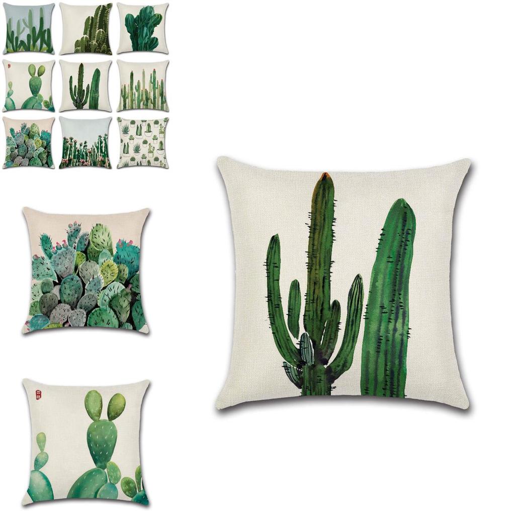 Premium Quality Cotton Linen Square Pillow Cover Featuring Tropical Cactus Design