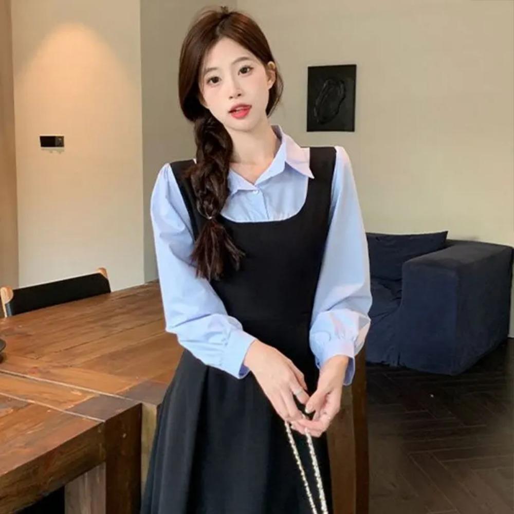 Patchwork Square Neck Long Sleeve Fake Two PieAes Dresses Elegant Fashion Harajuku Female Clothes Casual Sweat All Match Skirt