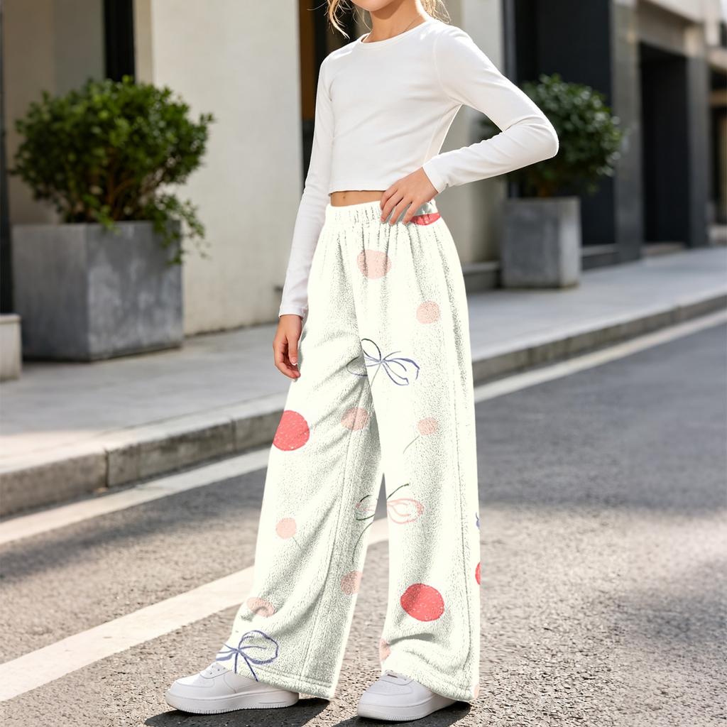 Girls' Flannel Printed Pants, Warm Loose Fit Casual Trousers for Fall and Winter