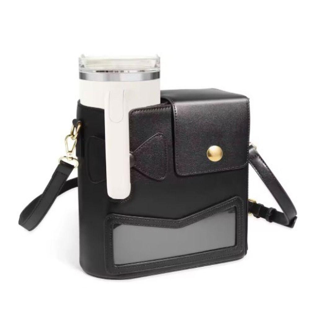 Crossbody Water Bottle Storage Bag PU Leather Adjustable Shoulder Strap Cup Sleeve Pouch Large Capacity Travel Cup Holder Ladies