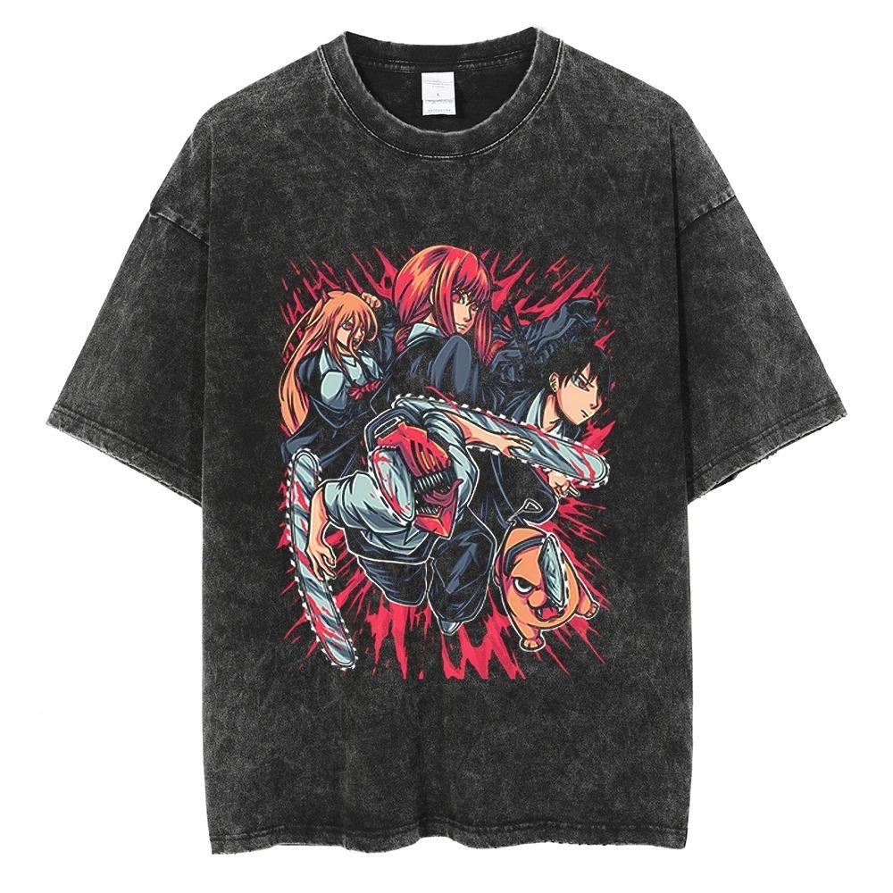 Chainsaw Man Denji Chainsaw Form Blood Splatter Vintage Washed Anime T-Shirt, Unisex Manga Fan Streetwear Tee, 100% Cotton Casual Short Sleeve Top