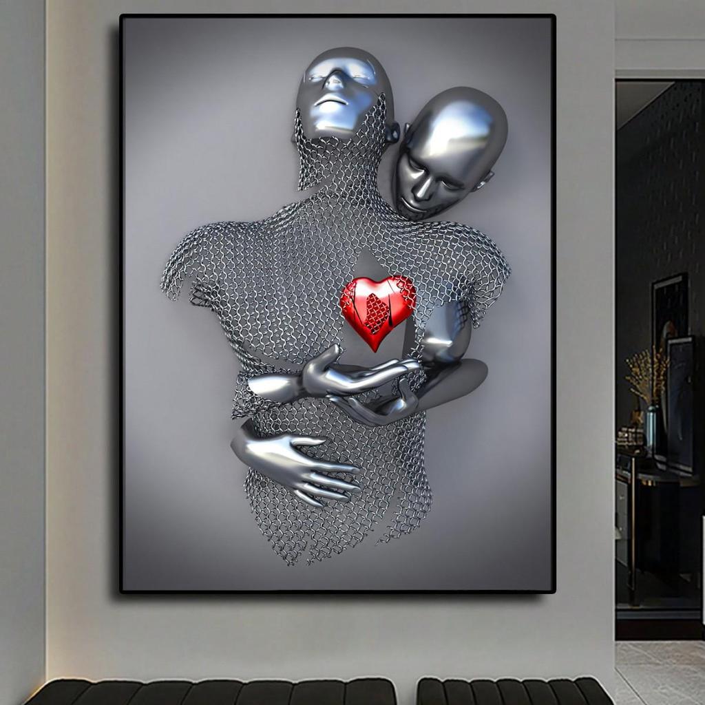 Black Gold Heart Statue Poster: Modern Art Canvas for Living Room Décor