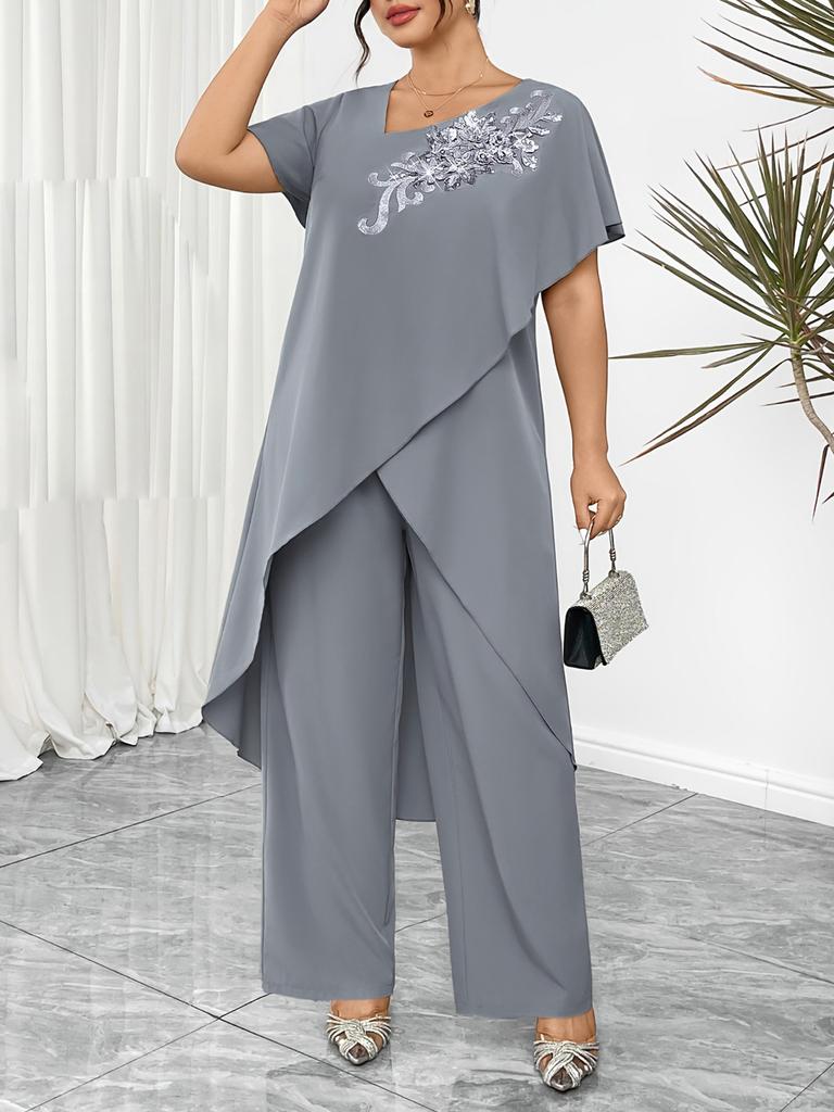 European and American cross-border plus-size women's 2026 summer fashion print irregular mid-length top wide-leg pants two-piece set