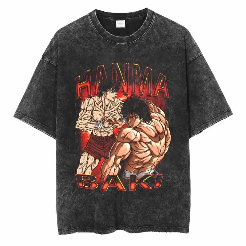 Baki Hanma Washed T-shirt Personality Clothes New Model Anime T-shirt Plus Size Unisex Comfortable Washed Retro High Quality Tee