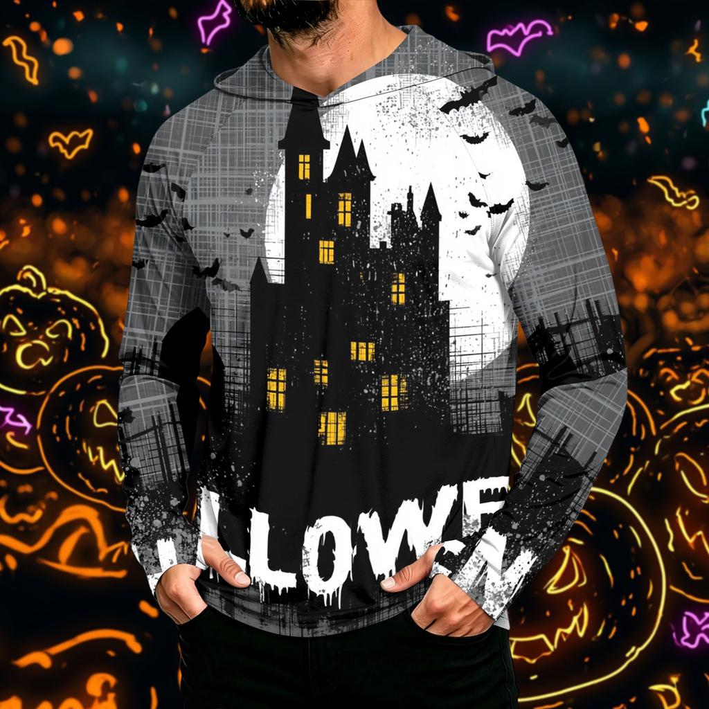 Men's Long Sleeve Hoodie Sun Shirt with Halloween Print