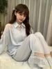 [Mocha] Ice Silk Pajamas Women's Spring Long Sleeve Lace Hollow Pure Desire Wind Suspender with Chest Pad Four-piece Summer Set