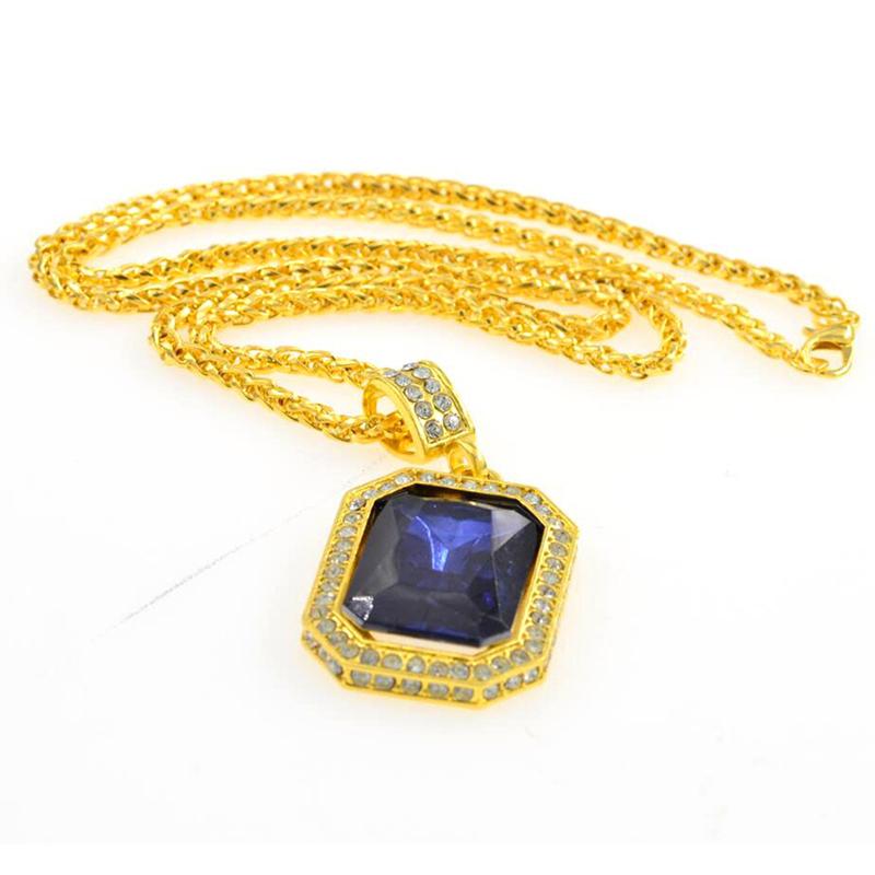 Inlaid Diamond Square Ruby Necklace Hip Hop Men'S Pendant Red Stone Pendant Vintage Jewelry Costume Accessories