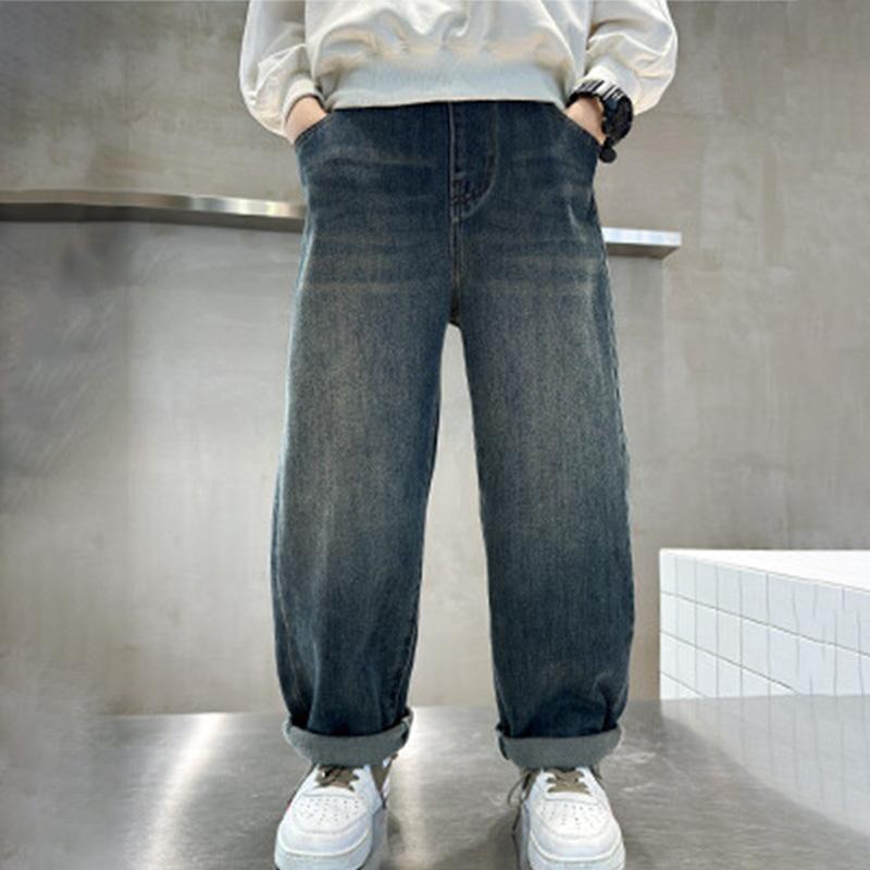 Boys Warm Plush Jeans Autumn Winter Straight Loose Fit Casual Trousers Kids Fashion Streetwear Denim Pants 5-14 Years