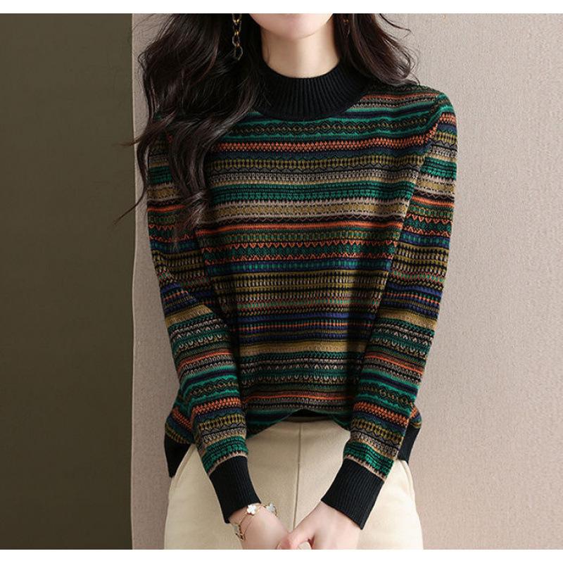 

Женский ретро-жаккардовый свитер с полувысоким воротником, новая модная полосатая вязаная базовая рубашка свободного кроя на осень и зиму average size чёрный