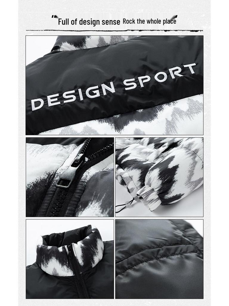 Men's Winter 2025 Wave Pattern Color Block Thick Cotton Jacket with Velvet Lining