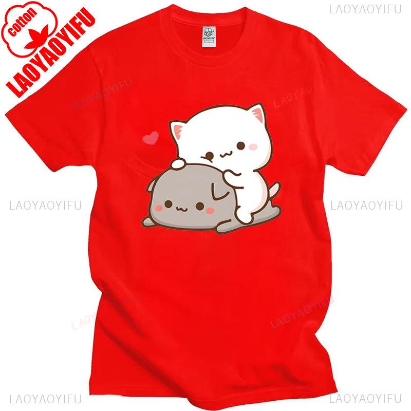Pfirsich Katze Goma und Mochi Selfie T-Shirt Sommer Baumwolle Kurzarm T-Shirts Niedlicher Druck T-Shirt Mode Harajuku Lustige Partner Tops