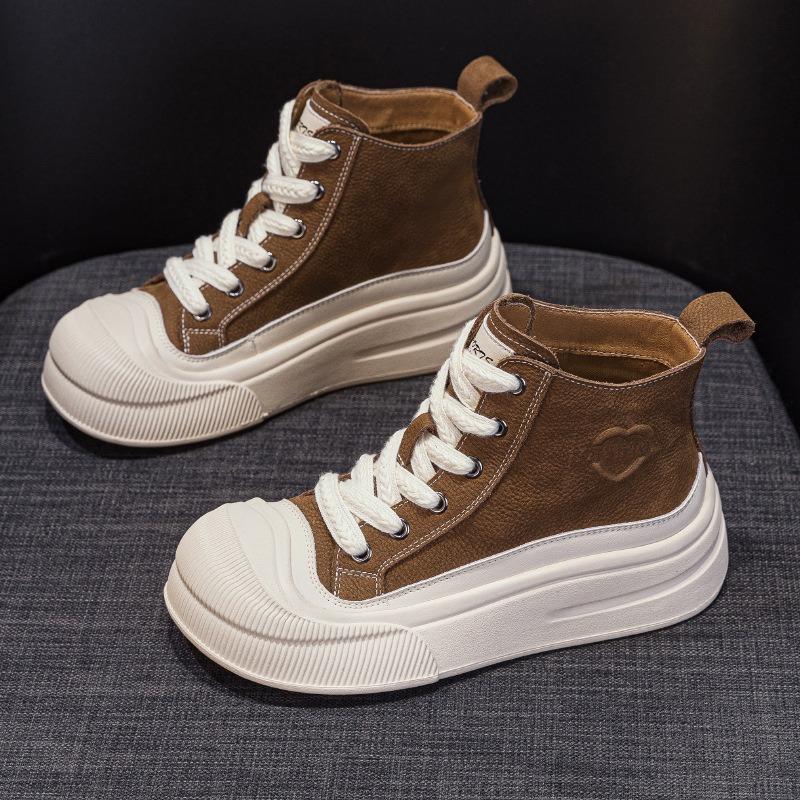 The First Layer of Cowhide High-top Shoes for Women's Autumn New Retro Heightening Casual Versatile Sports Board Shoes for Women