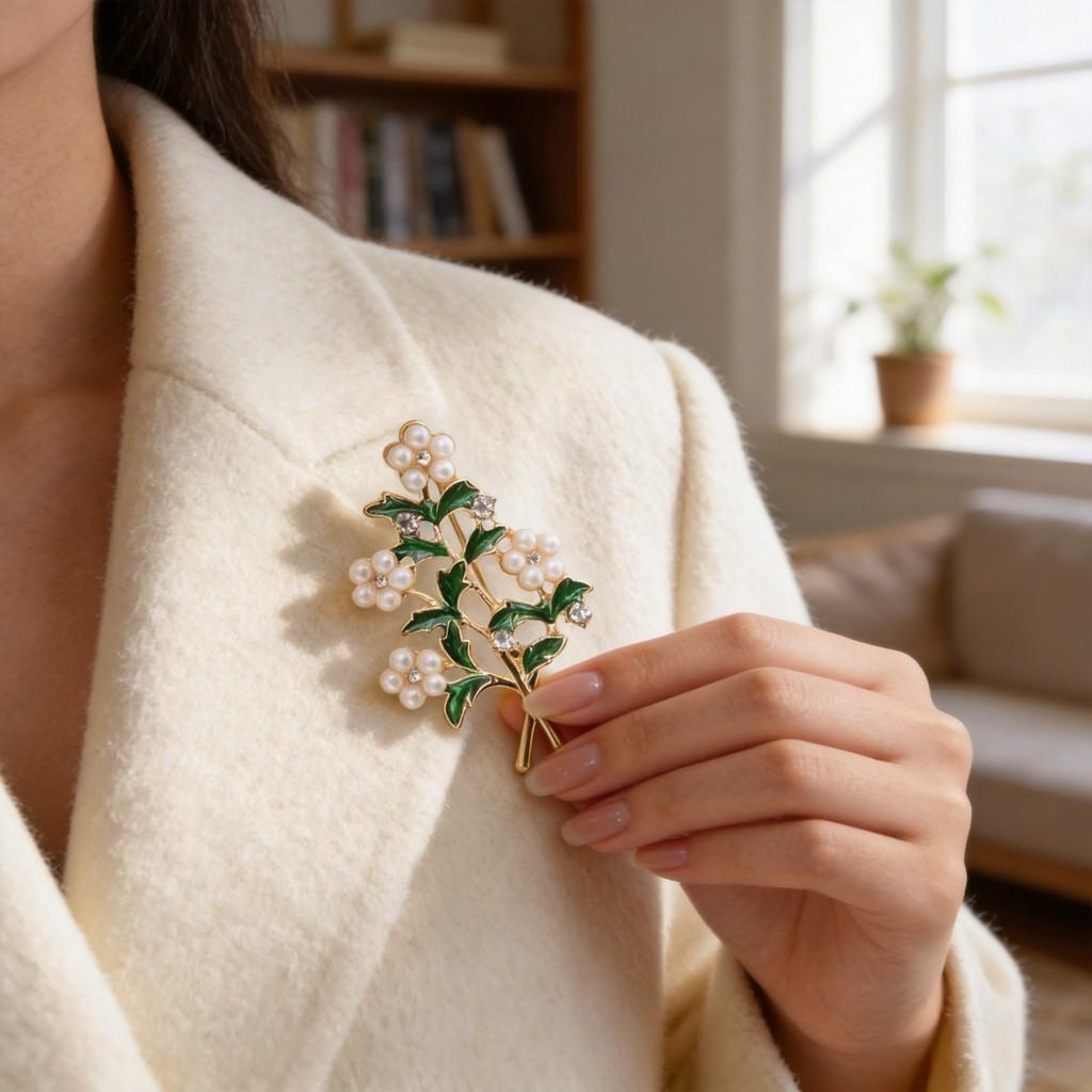 Vintage Green Leaf Brooch With Pearl And Rhinestone For Women Fashion Accessory