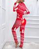 2022 Women's Printed Long Sleeve Jumpsuit Pajamas with Functional Button Flap
