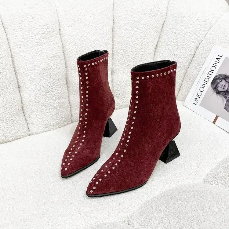 Shallow Spring Autumn Women Ankle Boots Punk Pointed Toes  Heels Designer High Heels Ladies Short Boots Back Zip