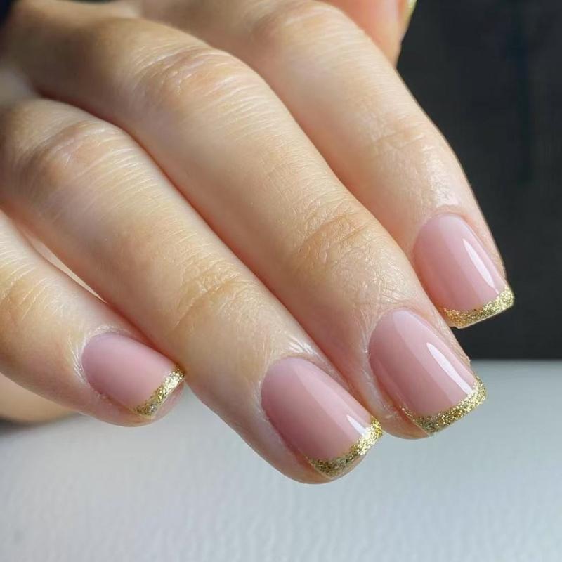 24 Pcs Simple Artificial Nail French Tip Press On Nail Short Square Stick On Nail Glossy False Nail for Party