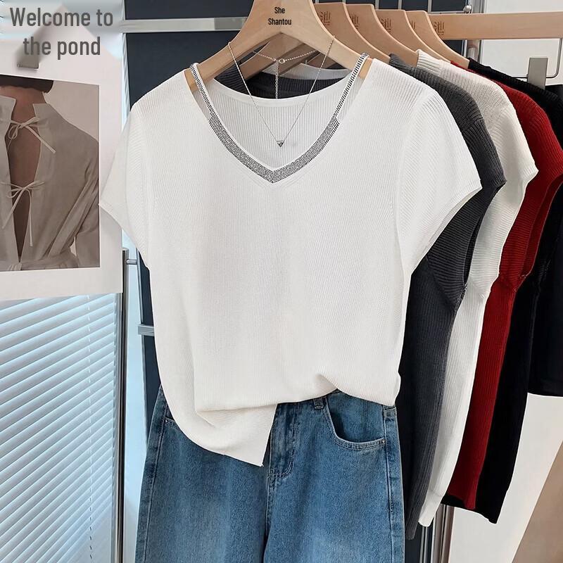 

Women s Ice Silk Rhinestone V-Neck Cutout Short Sleeve Knit Top One Size