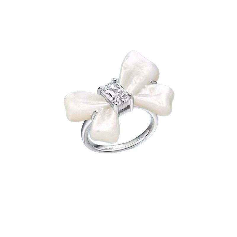 Hejia Mother-of-Pearl Bow Zircon Sterling Silver Ring Set - Women's Japanese & Korean Fashion, Elegant Closed Index Finger Design.