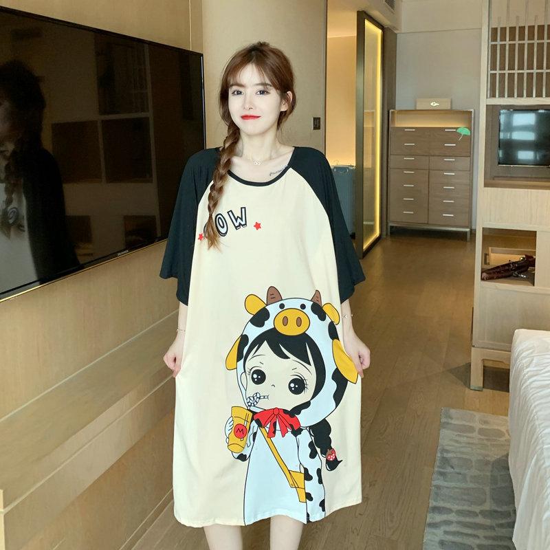 Pajamas Women's Summer Thin Pajamas Short Sleeves Large Size Fat Mm Medium and Long Pajamas Pajamas Loungewear