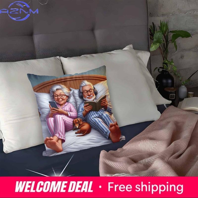 Adorable Elderly Couple And Dog Printed Pillowcase For Cozy Nights Sofa Cushion Cover, Home Decoration, 2D Printing