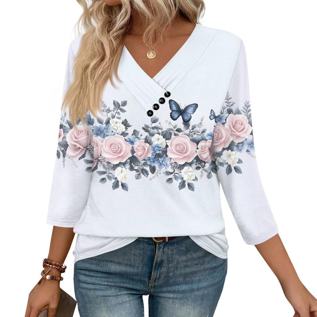 Dames Print Top Knoopsluiting V-hals T-shirt 3/4 Mouw Losse Mode Top