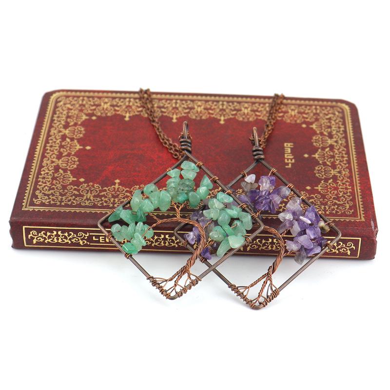 Handmade Vintage Tree of Life Necklace with Wire-Wrapped Natural Crushed Stone Crystal