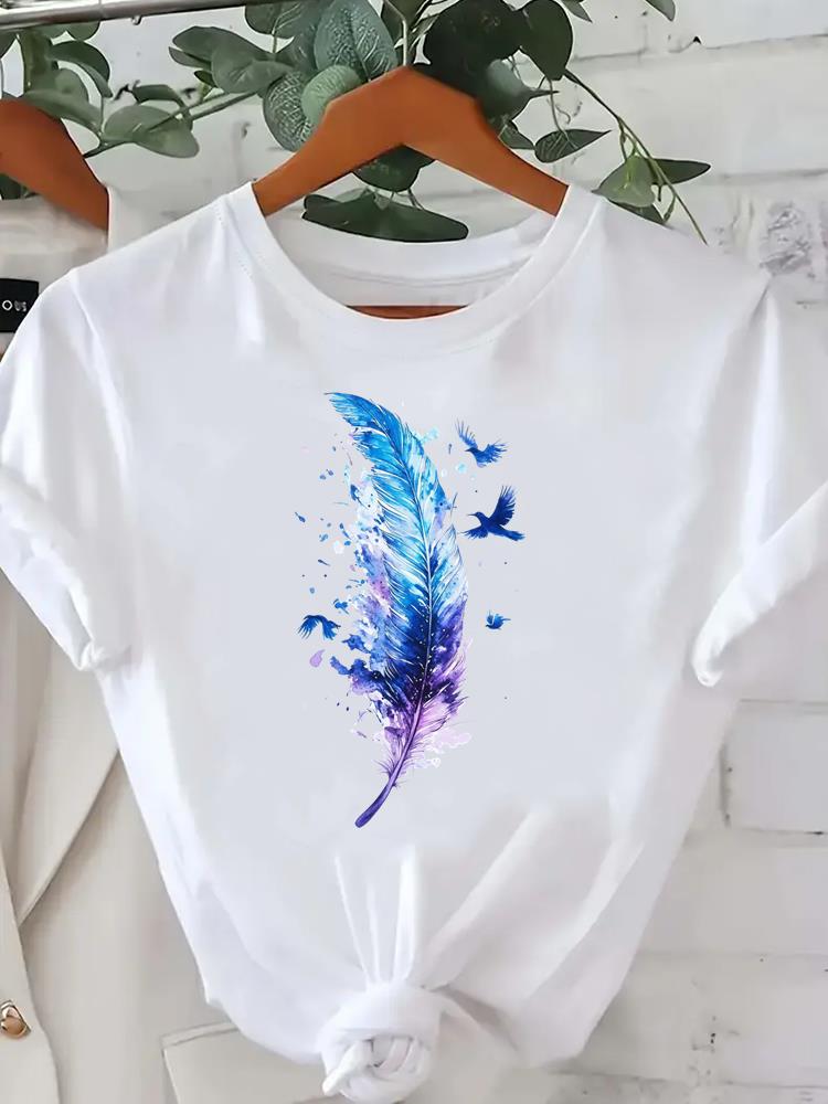 

(Asian Size) Tee Lady Female Clothing T Shirt feather trend 90s Printed Women Casual Fashion Top Graphic Short Sleeve T-shirts S