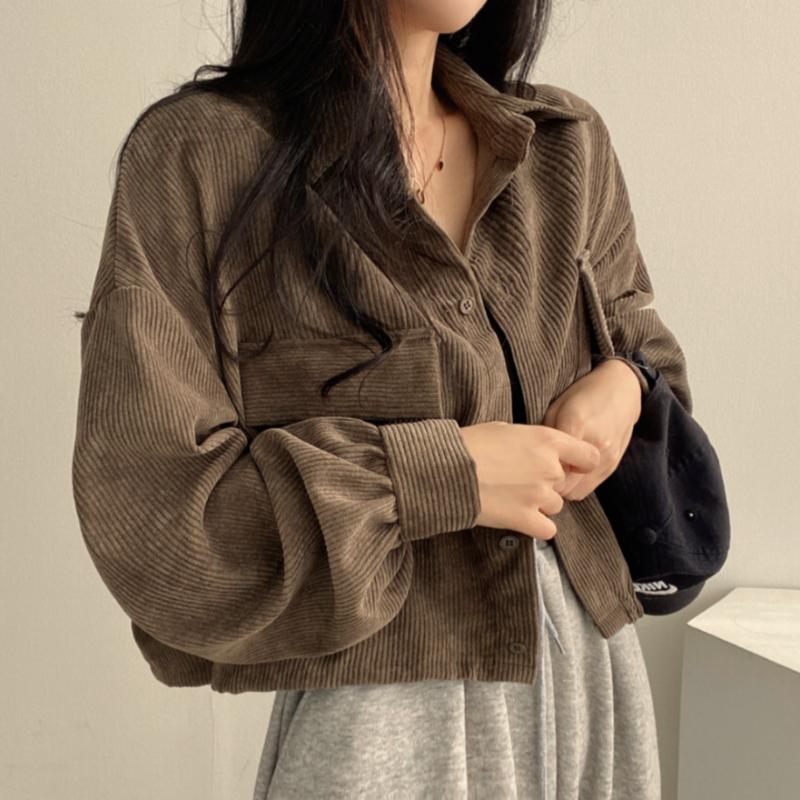 2023 Autumn Retro Loose Corduroy Casual Jacket Comfortable Thickened All-match Long-sleeved Shirt Top Women's Chic Short Coat