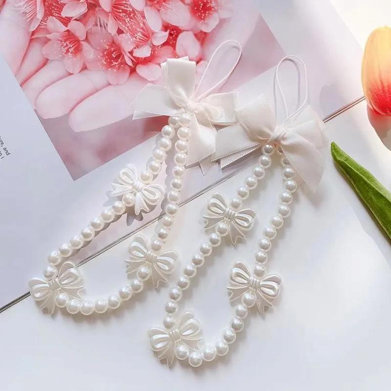 Korea Cute White Bow Heart Pearl Phone Chain for Women Girls Telephone Beaded Lanyard Anti-Lost Accessories Car Jewelry Gift