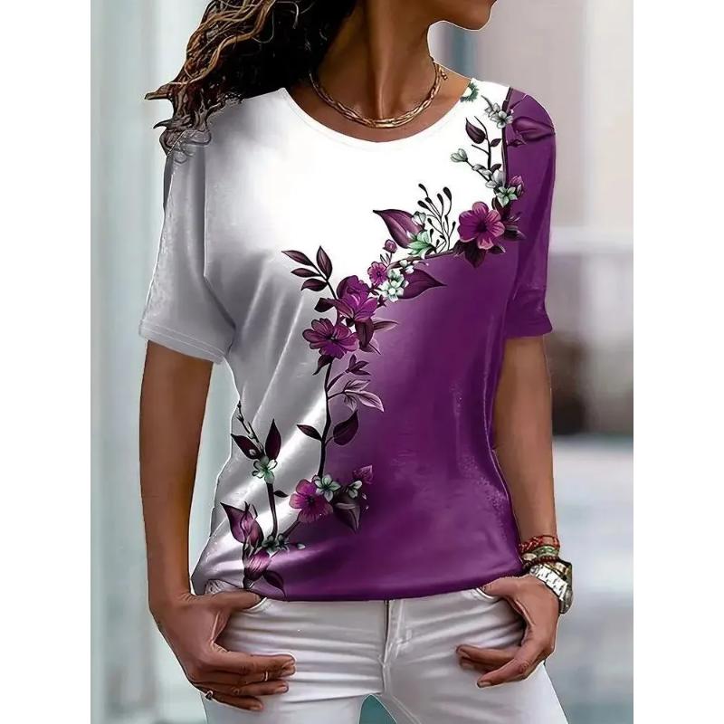 Fashion Women s Flower Short Sleeve 3D Color Printing Crew Neck T Sleeve Crew Neck Short Sleeve XS