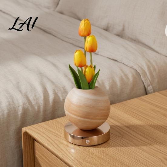 Glass Vase LED Lamp Tulip Planet Night Light Dimmable Touch with Aromatherapy Diffuser Artificial Flower Light USB Rechargeable Table Decor for Home