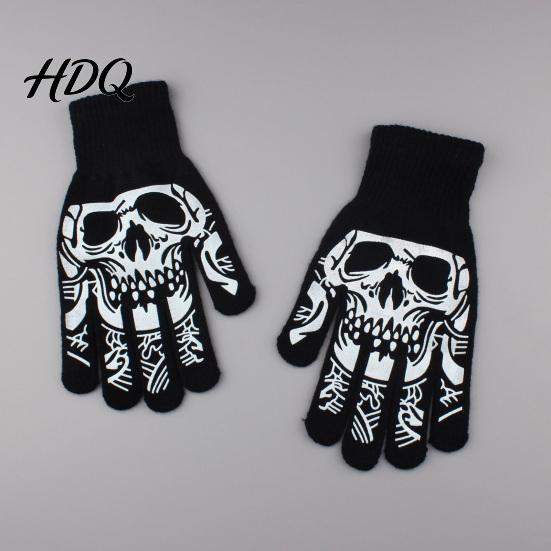 Funny Scary Party Costume Props Halloween Glow‑In‑The‑Dark Skeleton Knit Gloves Luminous Skull Bone Print Atmospheric Photo Full‑Finger