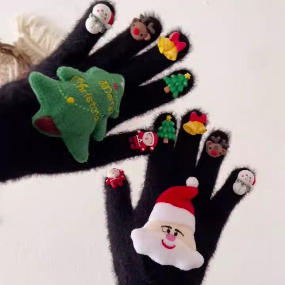 Knitted Christmas Gloves Cartoon Five Finger Gloves Handwear Plush Gloves  Student Wear