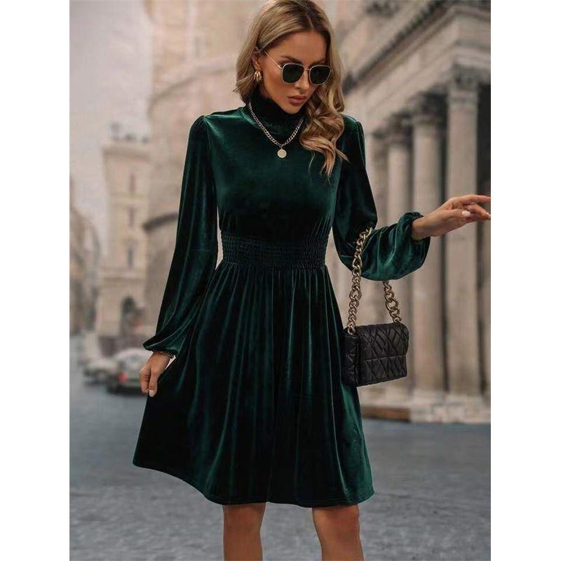 

Export Fashion Fashion High Waist Pleuche Long Sleeve Dress Sexy Bodycon Velvet Dress Green XL