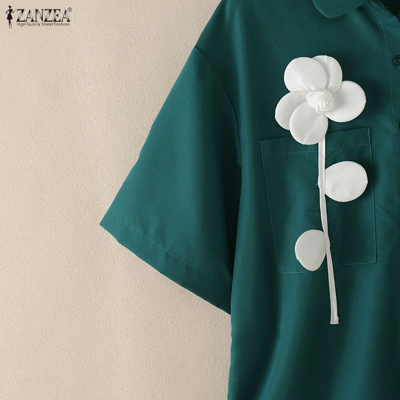ZANZEA Women Casual Turn Down Collar Loose 3D Flowers Summer Half Sleeve Blouse