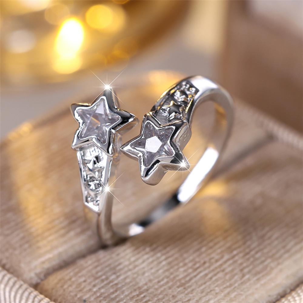 

Charm Female White Crytal Adjustable Moon Star Open Ring Silver Color Cute Gift Wedding Jewelry For Women resizable