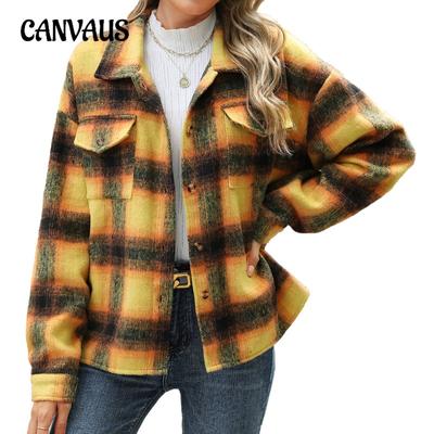 Autumn Women's Plus Size Lapel Plaid Long Sleeve Loose Tweed Jacket
