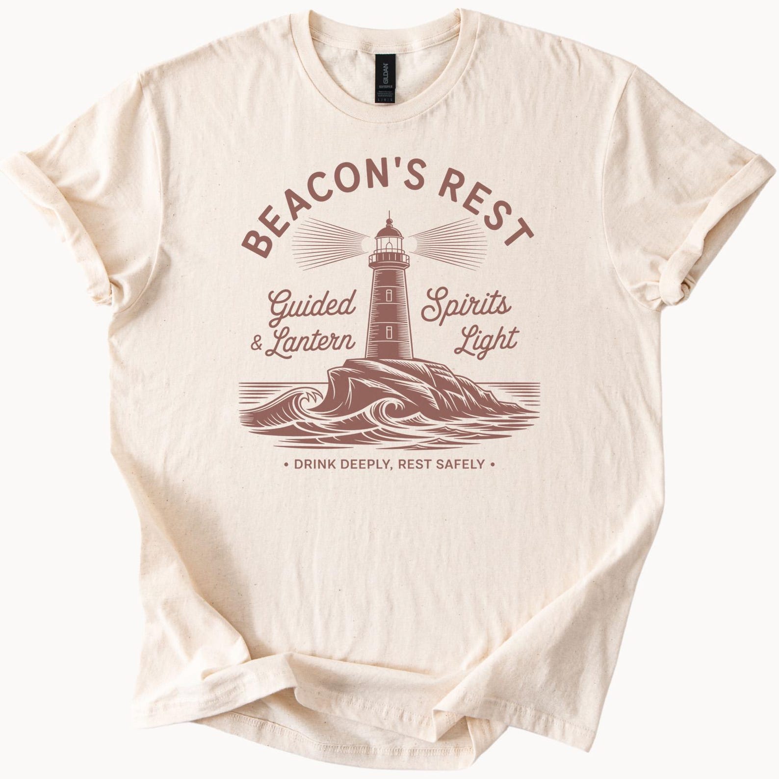 Beacons Rest Lighthouse Graphic T Shirt Nautical Lantern Guided Light Spirits Ocean Waves Drink Deeply Rest Safely Coastal Tee 100
