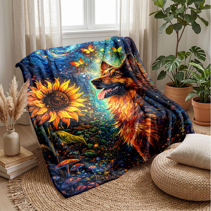 Dog and Flower Pattern Theme Blanket Lightweight Warm Flannel Blanket Decorative Throw Blanket for Home Decoration