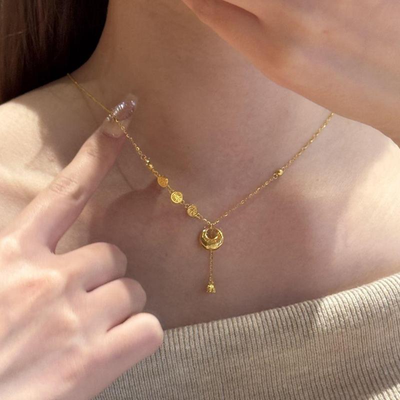 Classic Glossy Ruyi Lock Tassel Collar Chain Circular Water Drop Necklace Exquisite Chinese Style Ping An Joy Jewelry Gift