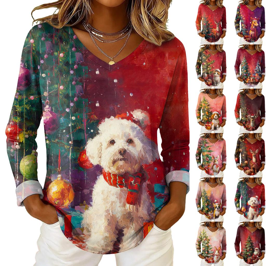 Women's Christmas Print Casual V-Neck Long Sleeve Top