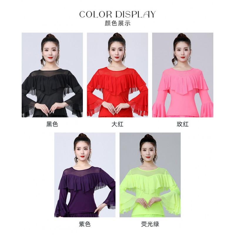 Latin Dance Top Women Ballroom Practice Wear Mesh Long Sleeve Flared Cuff Milk Silk 2025 Black Red Pink
