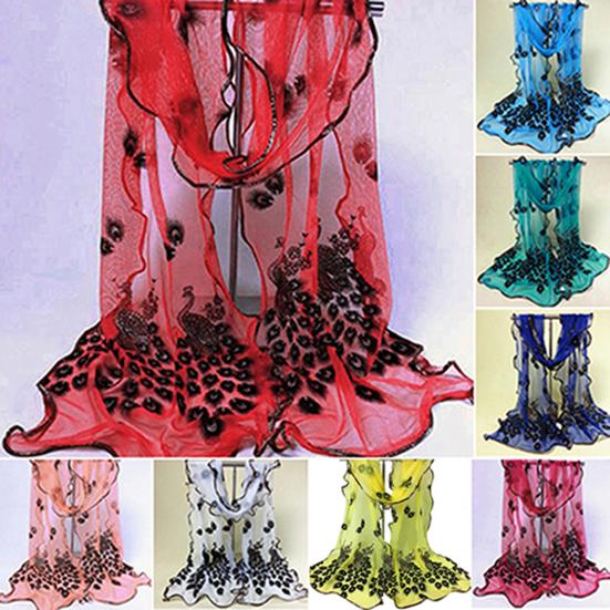 Women Fashion Peacock Flower Embroidered Lace Scarf Long Soft Wrap Shawl Stole