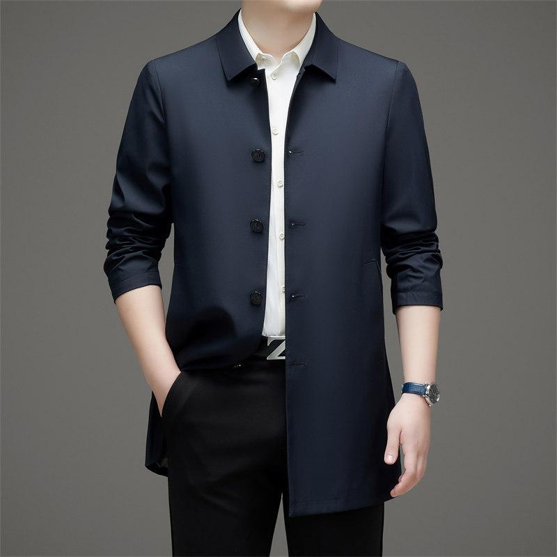 

Lapel Jacket Men s Spring and Autumn Business Loose Casual Medium and Long Dad Coat High-end Middle-aged Trench Coat Top 195 темно-синього кольору