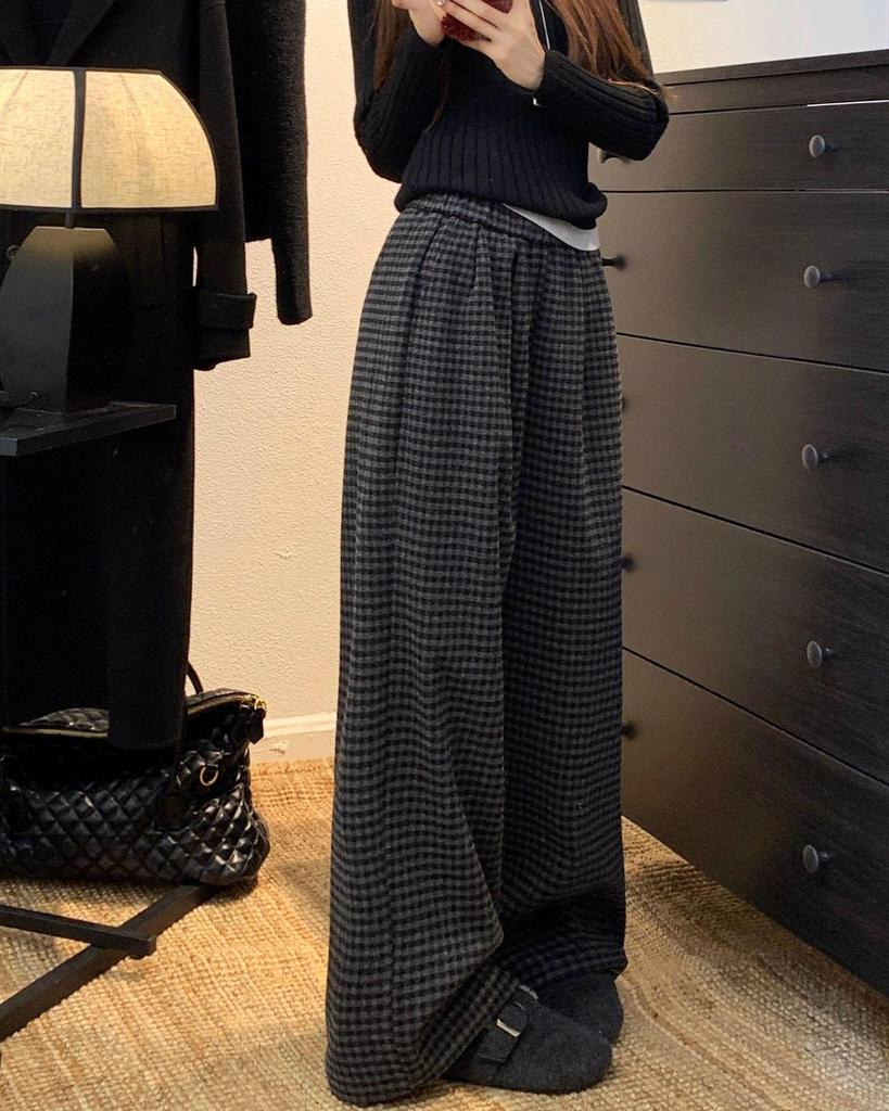 Two-Color Retro Plaid Velvet Fleece-Lined Wide-Leg Casual Pants