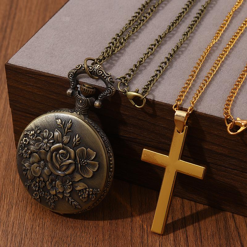 

2pcs/set,1PC Fashion Men s ‘rose Pattern Design’quartz Pocket Watch & 1PC Mens Classic Golden Cross Necklace Pendant, Ideal Choice for Gifts