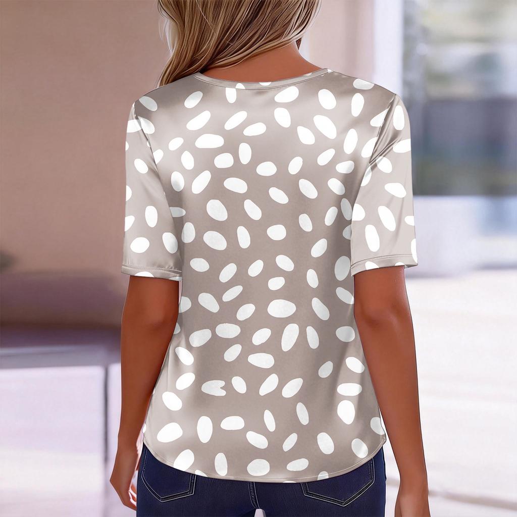 Women's Fashion Casual Retro Print  Collar Short Sleeve Button T-Shirt Top