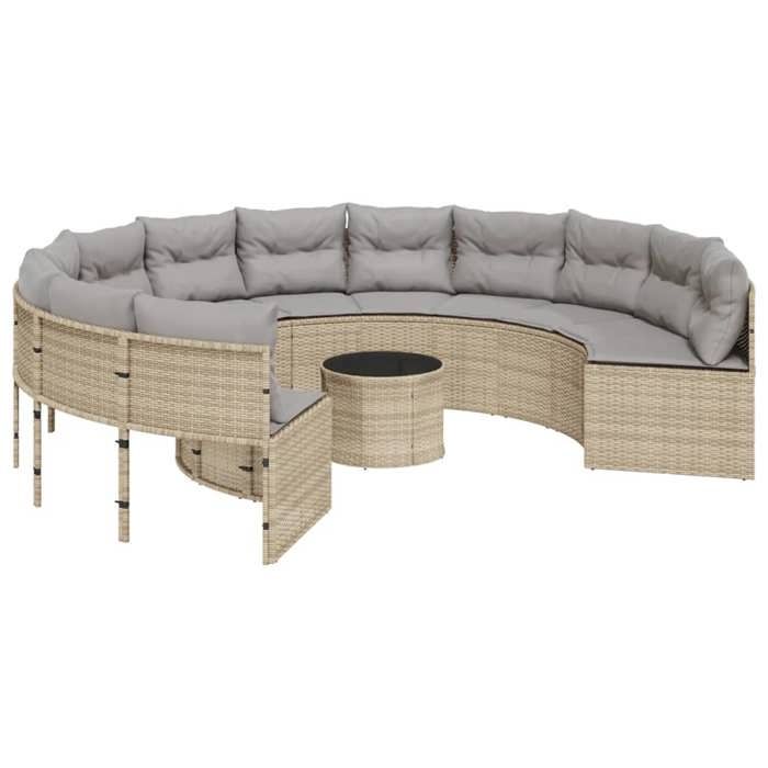 VidaXL Canapé de jardin avec table coussins rond beige résine tressée, canapé d’extérieur, canapé de forme ronde, canapé de 3318546