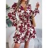 Women's Autumn/winter Casual Flower Lace-up Long Sleeve A-line Dress with Wooden Ear Trim